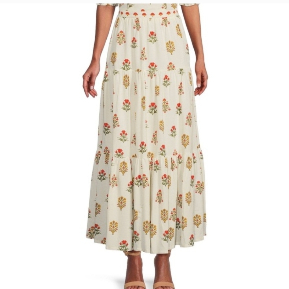 ANTONIO MELANI Isabelle White Orange Green Cotton Linen Floral Print Maxi Skirt